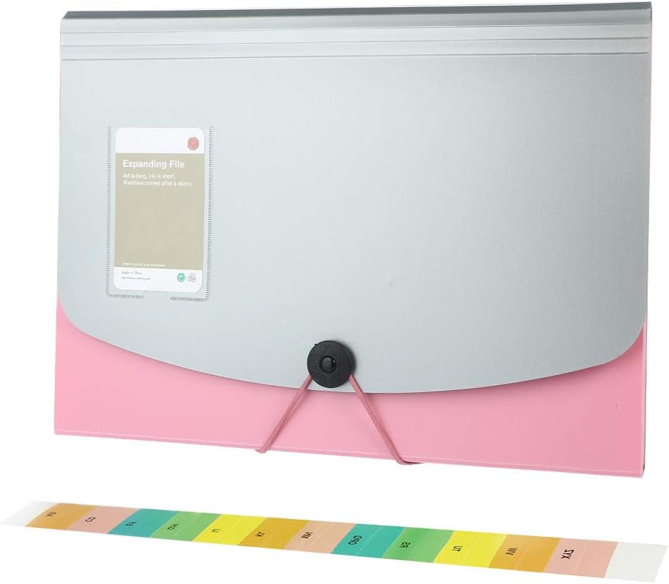 Pink Accordion Folder 13 Pocket Accordion File Organizer Expanding File Folder Letter Size, Document Folder with Tabs, Portable File Folders for School, Office, Home