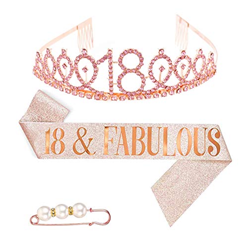 18.Geburtstags-Krone Schärpe,Roségold Geburtstags Kristall Tiara,Roségold Den Junggesellinnenabschied Deko Set,Rose Gold Geburtstag Schärpe Krone,Prinzessin Krone für Freundin Hen Night Party Cover