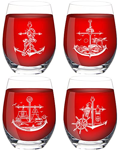 Pirate Stemless Wine Glasses Set of 4, 15 oz Nautical Themed Crystal Wine Glasses Set, Novelty Glassware Gifts