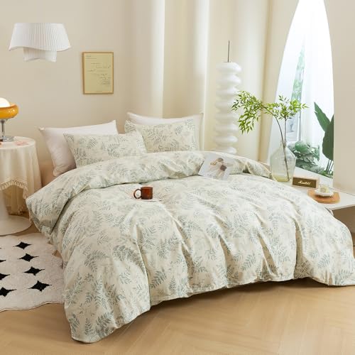 ECOCOTT 3 Pieces Duvet Cover Set with Vintage Green Leaves Pattern 100% Natural Cotton Cozy Simple Style Bedding Set (Queen Size)