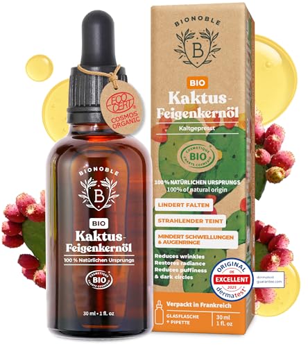 BIONOBLE Kaktusfeigenkernöl Bio Kaltgepresst - 100% Rein Natürlich - Anti-Aging Gegen Falten und Augenringe - Kaktusfeigenöl für Gesicht - Prickly Pear Seed Oil - Glasflasche mit Pipette - 30ml