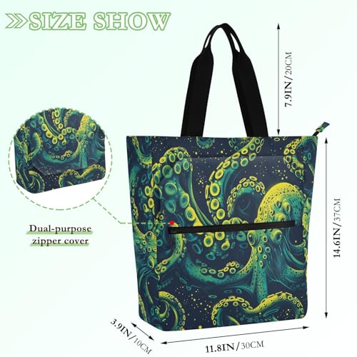 Book Tote Bag for Boys Girls Adults, Texture animal sea Neon Green Water-resistant Handbags Grocery Beach Bag with Zipper Pockets for School Shopping Travel2