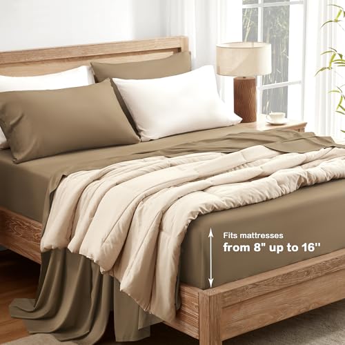 Image of Andency Taupe Queen Sheets Set 100% Viscose Derived from Bamboo | Cooling Summer Sheets, Deep Pocket Up to 16 inch, Silky Soft Hotel Luxury Breathable Bedding Sheets & Pillowcases