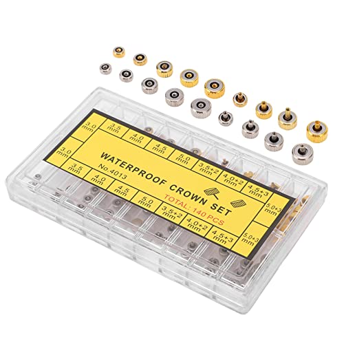 Pièces de Rechange de Couronne de Montre 140 Pièces, Acier Inoxydable de Différentes Tailles Mélangées avec Boîte de Rangement, pour la Réparation de Montres