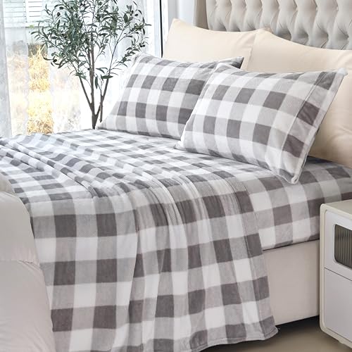 Image of Elegant Comfort Luxuriously Soft 4-Piece Velvet Plush Flannel Sheet Set - Premium Quality - Cozy Warm, Anti-Static, Non Pilling Fuzzy Velvet Flannel Fleece Deep Pocket Sheet Set - King, Buffalo Gray