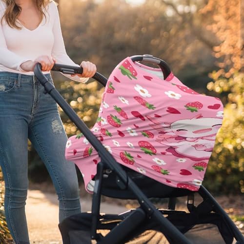 Image of Axolotl Car Seat Covers Canopy Cover - Multi-use Cover Pink Strawberry Carseat Canopy, Breathable Breastfeeding Cover, Reusable Car Seat Covers for Bbies