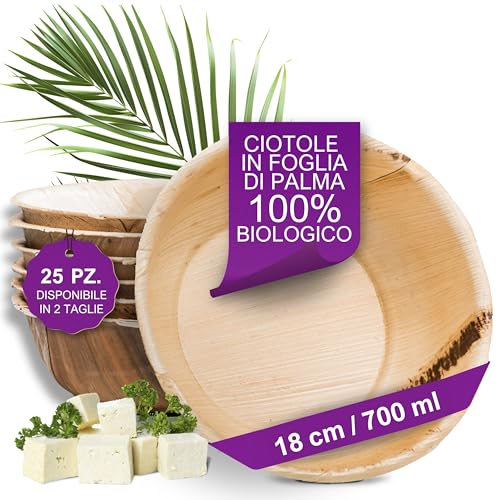 Waipur Ciotole in Foglia di Palma Ecologici - 25 Pz 18 cm / 700 ml - Stoviglie usa e getta Biodegradabili di Alta Qualità - Eleganti e Resistenti - Simile al Bamboo e al Legno