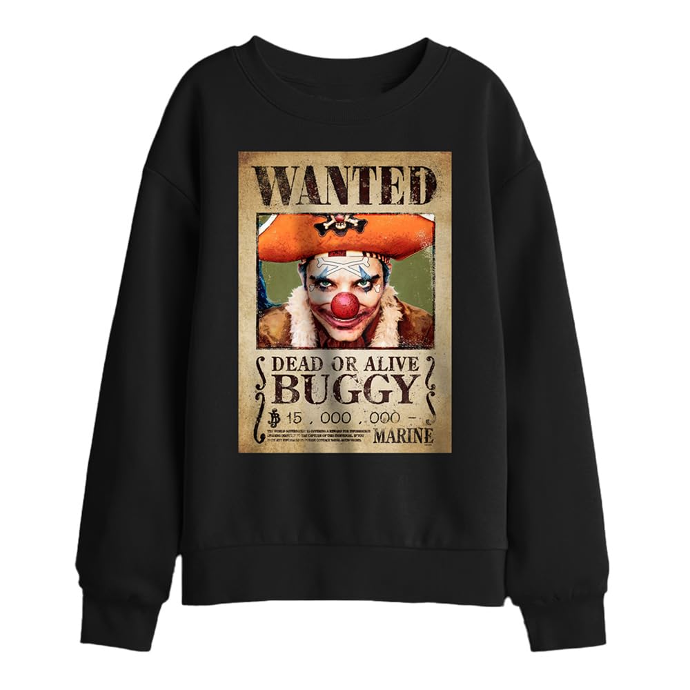 One Piece Buggy The Clown Pirate Wanted Poster Kids Sweatshirt, Black, 12-13Y