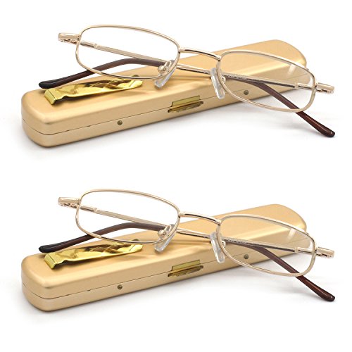 EYE ZOOM 2 Pairs Lightweight Portable Metal Reading Glasses with Pocket Case for Men Women, Gold, +1.25 Strength