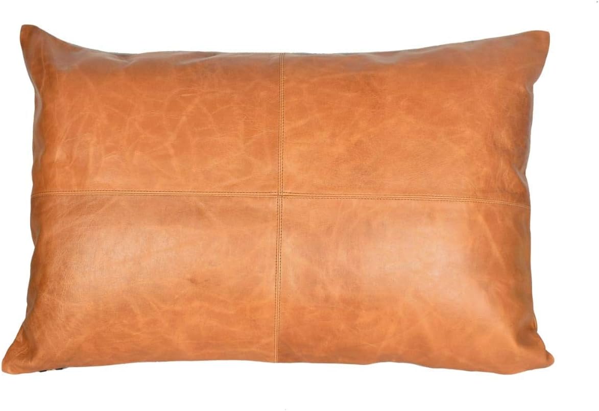 Amazing 🔥 Ganloz 100% Lambskin Leather Pillow Cover - Sofa Cushion Case - Decorative Throw Covers for Living Room & Bedroom - Mango Tan Antique Pack of 1-16x24 Inch