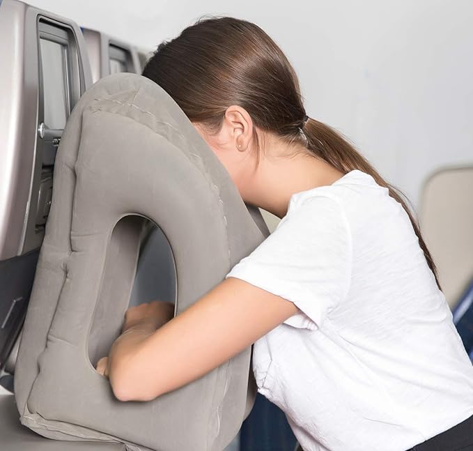 Image of Inflatable Travel Pillow Polyvinyl Chloride Inflatable Travel Pillow, Airplane Neck Pillow Comfortably Supports Head and Chin for Airplanes, Trains, Cars and Office Napping (Grey)