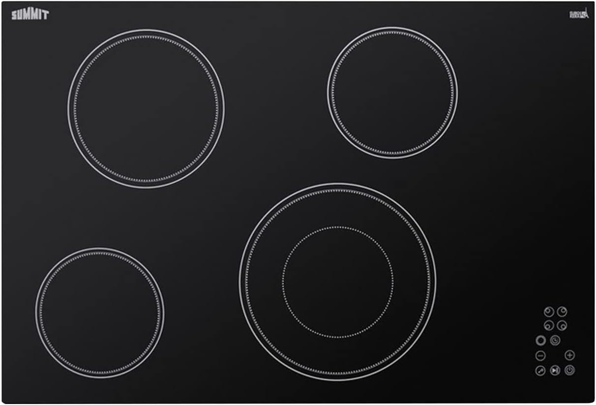 Summit Appliance CR4B30T11B 30" Wide 4-Burner Radiant Cooktop, Black, 208-240V, Ceramic Glass Surface, Digital Touch Controls, 9 Power Levels, Residual Heat Indicator Light, Programmable Timer