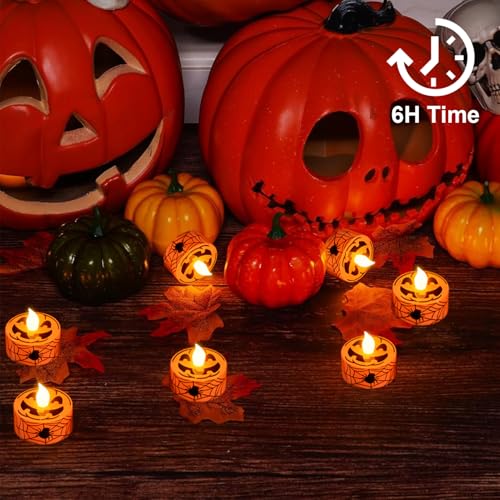 Image of GenSwin Pumpkin Spiderweb Halloween Flameless Candle Battery Operated Timer | Battery Included, LED Tealight Candles for Home Halloween Decoration Gifts, 12 Pack