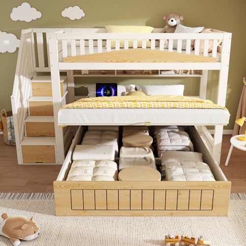 Cayipng Litera Infantil de Madera 90x200 y 140x200 cm, Cama Alta, Cama Infantil Doble con Puerto USB C, Sistema hidráulico, Armario Escalera, barandillas de Seguridad, Colores Blanco y Natural