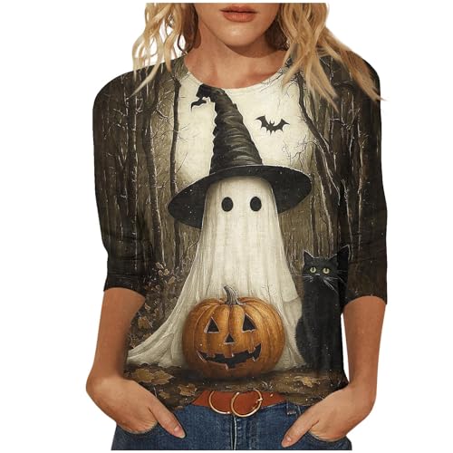 2025 Halloween Shirts for Women Funny Cute Ghost Pumpkin Face Graphic Tees 3/4 Sleeve Holiday Tops Loose Casual Crewneck Pullover Fall Lightweight Fashion Sweater Tunic Cotton Blouse Gifts