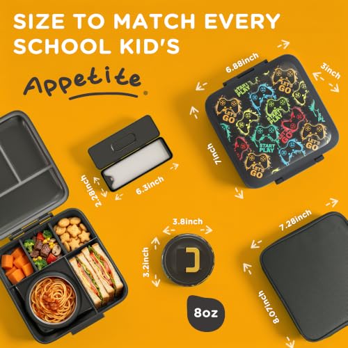 Image of JXXM Bento Lunch Box for Kids With 8oz Soup thermo,Leak-proof Lunch Containers with 5 Compartment,thermo Food Jar and Lunch Bag, Food Containers for School (A-Black(Game Consoley))