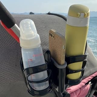 2 in 1 Pushchair Stroller Cup Holder, Universal Pram Cup Holder with Phone Storage Box Drink and Coffee Cup Holder Baby Bottle Organizer for Stroller Baby Buggy Bike(Black)