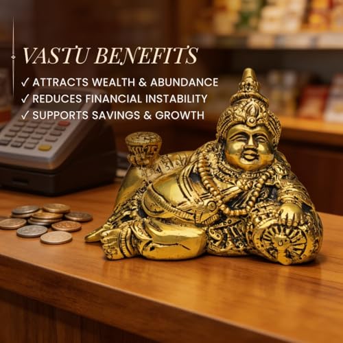 Image of Plus Value Brass Lord Kuber Maharaj Idol Statue God of Wealth Vastu Products for Temple Home Office Decor (8 x 14 x 10.5 cm, Gold)