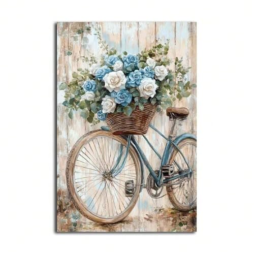Tableau sur toile vintage vélo et roses bleues 80x120cm sans cadre pour salon