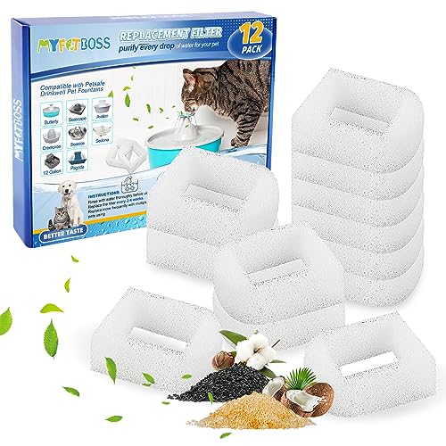 MyfatBOSS 12 Pack Filtre en Mousse de Rechange pour PetSafe Drinkwell 360 en Acier Fontaines, Filtre Fontaine Eau Chat pour Chat Chien Animaux