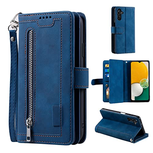 EYZUTAK Wallet Phone Case for Samsung Galaxy A16 4G/5G, Retro Matte 9 Card Holder Slots Zipper Pocket Handbag Case PU Leather Magnetic Closure Kickstand with Wrist Strap Flip Folio Purse Case - Blue