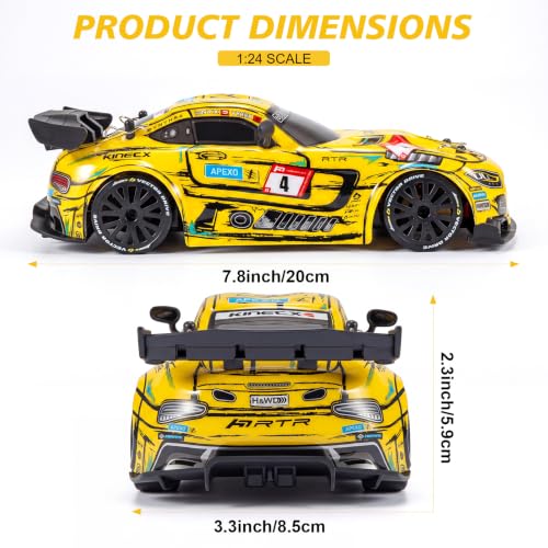 Image of RC Drift Car,1:24 4WD High Speed Electric Remote Control Car with LED Lights,Drifting Tires,2 Batteries,Dual Mode Tires,Hobby Racing Toy Car for Adults & Kids (3-Yellow)