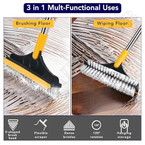 Image of KESI Ornaments 3-in-1 Bathroom Cleaning Brush Long with Wiper,Shower Scrubber Long Handle Hard Bristles for Tiles,Bathroom,Kitchen & Floor Cleaning | 180 Rotating Head Floor Scrub Cleaning Brushes
