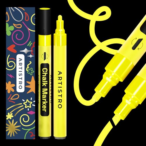 Artistro 2 Marcadores Líquidos Amarillos - Plumas Borrables con Punta Reversible de 6 mm para Pizarra, Tablero, Ventanas de Automóvil, Vidrio - Restaurantes y Bistrós