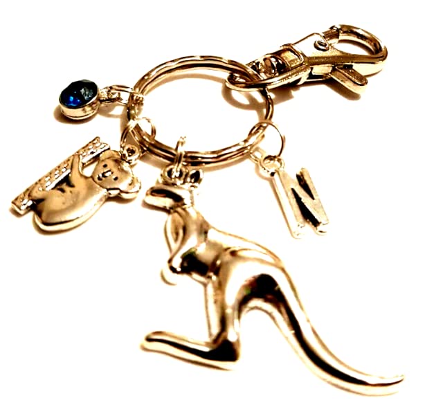 Silver KnightPersonalised Kangaroo & Koala Bear Keychain/Australia Keyring/Initial and Birthstone Keychain/Australian Bag Charm/Animal Lover Gift, Silver, 90mm