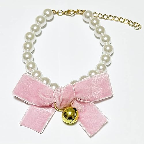 Miniatura 6 de Collar de perlas para perros y gatos pequeños con flores de cristal y corbatín de terciopelo, 2 piezas, ajustable y hecho a mano, Terciopelo