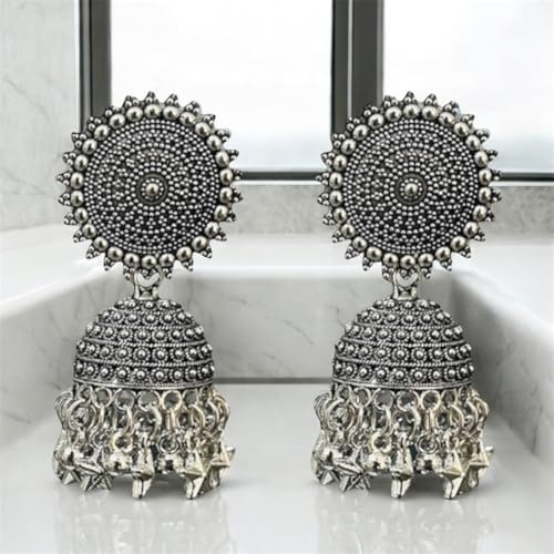 Stylish Silver Jhumkas with Turquoise Beads, Drop Earrings for Women - Image 4