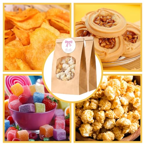 Image of 24 PCS Small Paper Popcorn Bags with Pink Bow Stickers, Thanks for Popping by Tags Popcorn Bags with Clear Window, Baby Shower Treat Bag for Packaging Bakery Candy Cookie