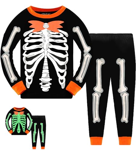 DHASIUE Boys Girls Pyjamas Set Skeleton Glow in The Dark Pjs Halloween Toddler Long Sleeve Kids Cotton Sleepwear Nightwear Outfits 6-7 Years