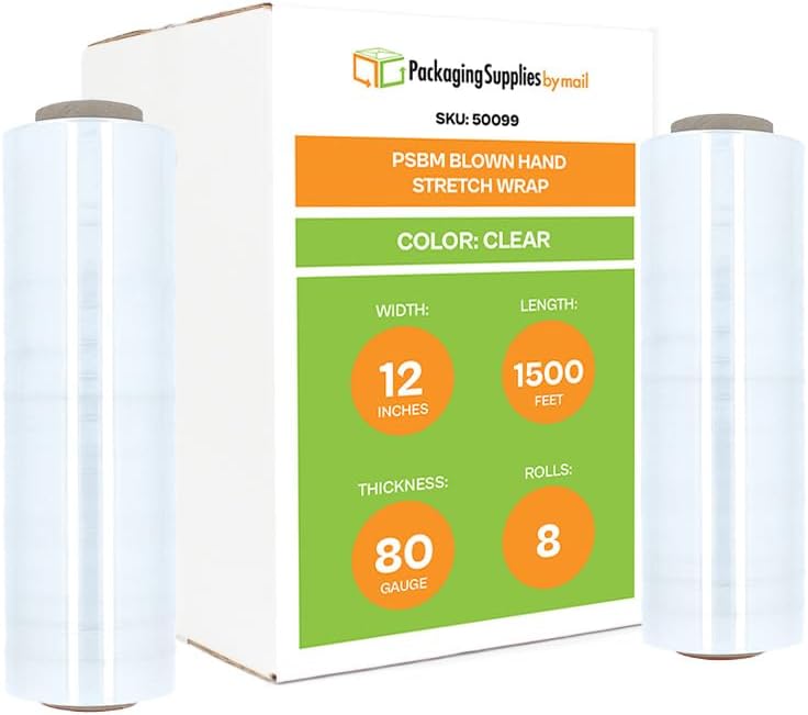 Blown Hand Wrap Stretch Wrap Film 12 Inch x 1500 Feet x 80 Gauge 8 Rolls