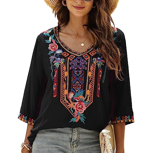 LauraKlein Women's Boho Embroidered Peasant Tops 3/4 Sleeve V Neck Mexican Bohemian Shirts Tunics Blouses (Black328, 3XL-Large)