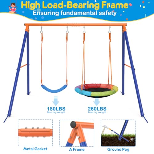Image of GIKPAL Swing Set with Stand, 32 inch Saucer Plus Belt Seat for Backyard | Dual-seat backyard setup with quick-drying saucer fabric, classic belt seat, metal A-frame, and enough space for 2 kids.