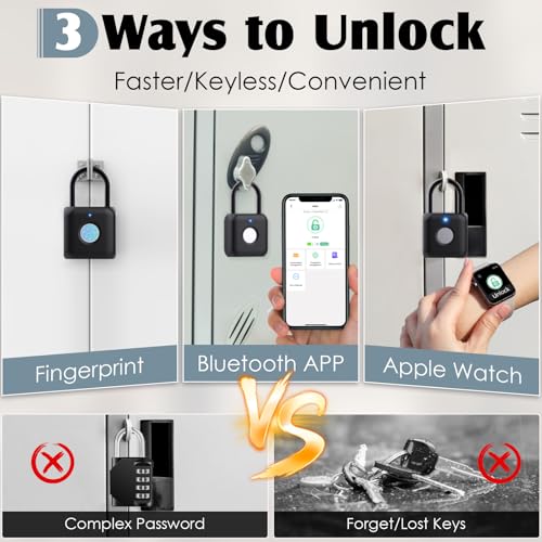 Keylesslife Fingerprint Padlock,Smart Padlock APP Control,Gym Locker Lock,Fingerprint Lock USB Rechargeable for Gym Locker,Locker, School,Storage Black — view 2