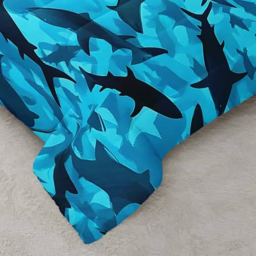 Image of AILONEN Blue Shark Queen Comforter Set, Ocean Camouflage Artwork Home Ensemble, 3 Piece Microfiber Down Alternative Fill for Couples Family Guests