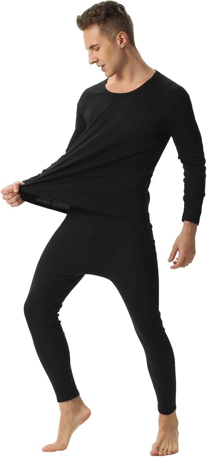 ANUFER Mens Thermal Underwear Set Cotton Stretch Base Layer V-Neck/Crew Neck Long Sleeve Tops & Long Johns Bottoms
