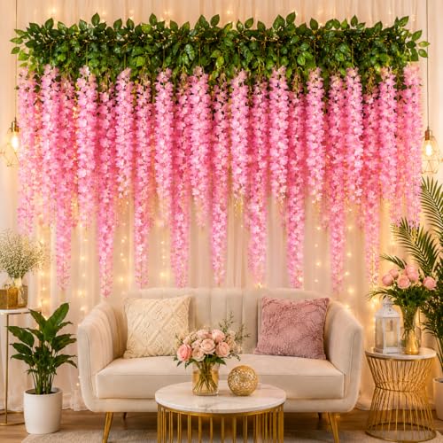 Image of Tia Crafts Polyester Artificial Hanging Flowers For Ceiling Balcony | Pink Wisteria Vine | Home Party Decor Garden Outdoor Greenery Office Wall Decoration | Waterproof Washable - Pack Of 12(Pink, 12)