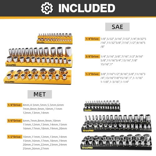 Image of GRENPRO Socket Organizer for Tool Box Drawer, 6pc 143 Metric & SAE Magnetic Socket Holder, 1 /4 inch, 3 /8 inch, 1 /2 inch Drive Socket Tray Set, Magnetic Socket Organizer