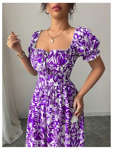 Image of Floerns Women's Floral Short Puff Sleeve Milkmaid Dress Boho A Line Long Dresses