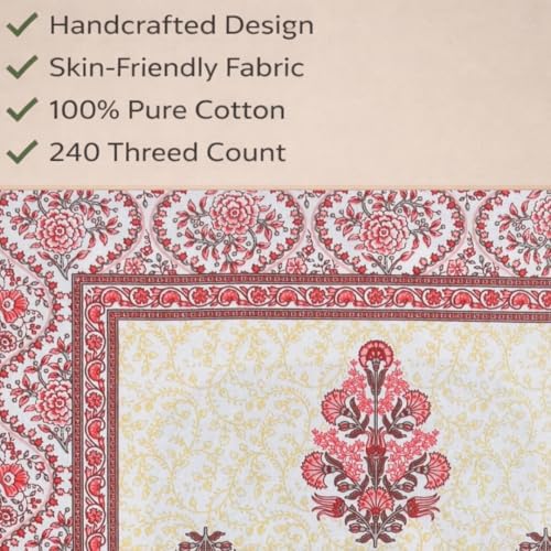 Image of elanorhomes 100% Cotton 240 TC Single Bed Sheet Set | Floral Printed Bedsheet with Pillow Cover | Soft Breathable Fabric for Bedroom | 60x90 Inches (Red Fulwari Print)