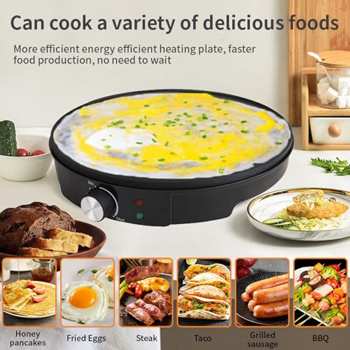 Máquina eléctrica para Crepes y panqueques con Control de Temperatura, de Acero Inoxidable, Incluye esparcidor de Masa para cocinar fácilmente Huevos, panqueques y Crepes,