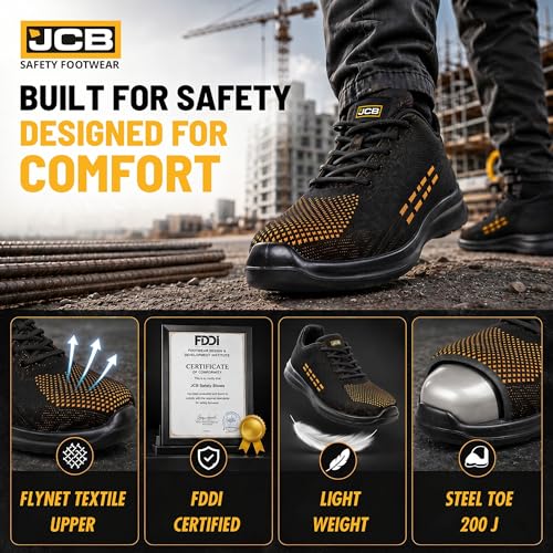 Image of JCB FASTRAC Light Weight Safety Shoes for Man | Breathable Textile Upper | Steel Toe Cap | Antislip & Water Resistant | Single Density, Antistatic & Abrasion Resistance | Black | Size 6-10 UK