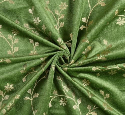 Image of Heavy Velvet Fabric Room Darkening Floral Design Curtains 7 Feet for Door, Green, Pack of 2 Pieces