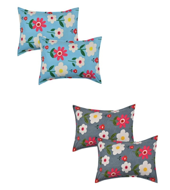 Image of Present Floral Designer Pattren Printed 4 Piece 100% Pure Cotton Pillow Cover Set- 20 inch X30 inch Inches, King Size - Grey & Sky Blue
