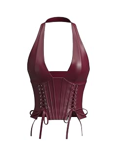 WDIRARA Womens Pu Leather Sleeveless Halter Tops Lace Up Backless Crop Corset Top Sexy Clubwear