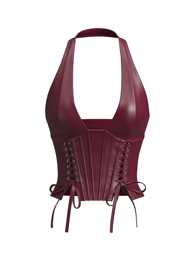 WDIRARA Womens Pu Leather Sleeveless Halter Tops Lace Up Backless Crop Corset Top Sexy Clubwear