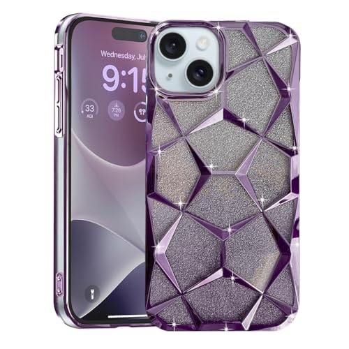 Image of VONZEE Gradient Glitter Case For iPhone 14 6.1'', Luxury Electroplated 3D Cube, Diamond Bling Shiny Soft TPU Clear Shockproof Case Women Girls Protective Phone Cover (Deep Purple)